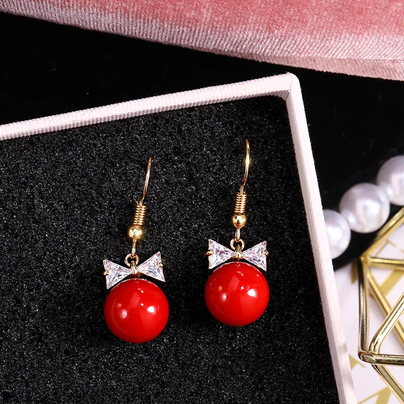 

S925 Silver Needle Earrings Female Temperament Korean Edition Long Pearl Ear Nails Individual Bow-tied Ear Drop Net Red Earrings