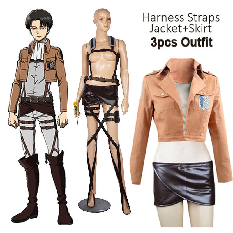 

Attack on Titan Levi Ackerman Cosplay Costume Shingeki no Kyojin Jacket Recon Corps Leather Skirt Hookshot Belts Suspenders