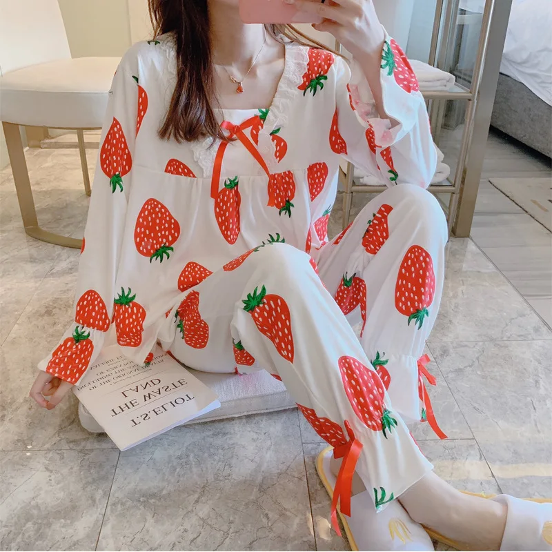 

Pajamas Women's Spring And Autumn Long Sleeve Pure Cotton Korean-style INS Lace-up Lace Princess-Style Strawberry Loose Autumn A