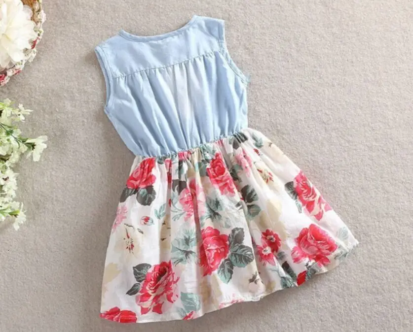 Платье для девочек новое летнее детское джинсовое платье в Корейском стиле с цветочным принтом