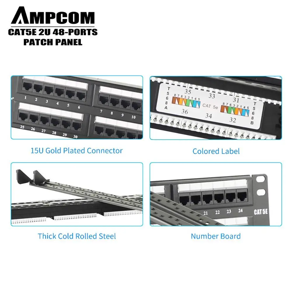 AMPCOM премиум серии CAT5/5e 48 портов патч-панель, крепление в стойку-2U, 19 дюймов, RJ45 Ethernet 568A 568B, 30u позолоченный AMPCOM премиум серии CAT5/5e 48 портов патч-панель, крепление в стойку-2U, 19 дюймов, RJ45 Ethernet 568A 568B, 30u позолоченный
