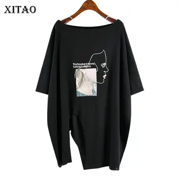 

XITAO Split Pleated Print Pattern T Shirt Pullover Small Fresh Pullover 2020 Spring Summer Patchwork Minority Tee Top GCC3427