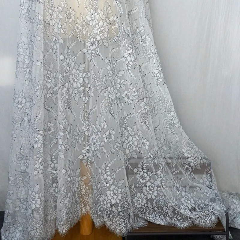 

Chantilly eyelash lace fabric, bridal lace, Floral wedding lace fabric with scalloped edges 3 meters length, black and white mix