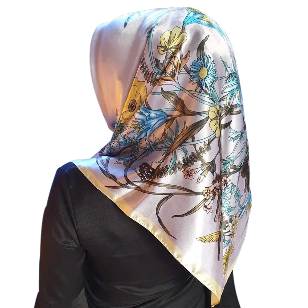 

90*90cm Square Satin Silk Scarves Women Luxury Brand Flowers Foulard Big Bandana Hijab Head Shawl 2020