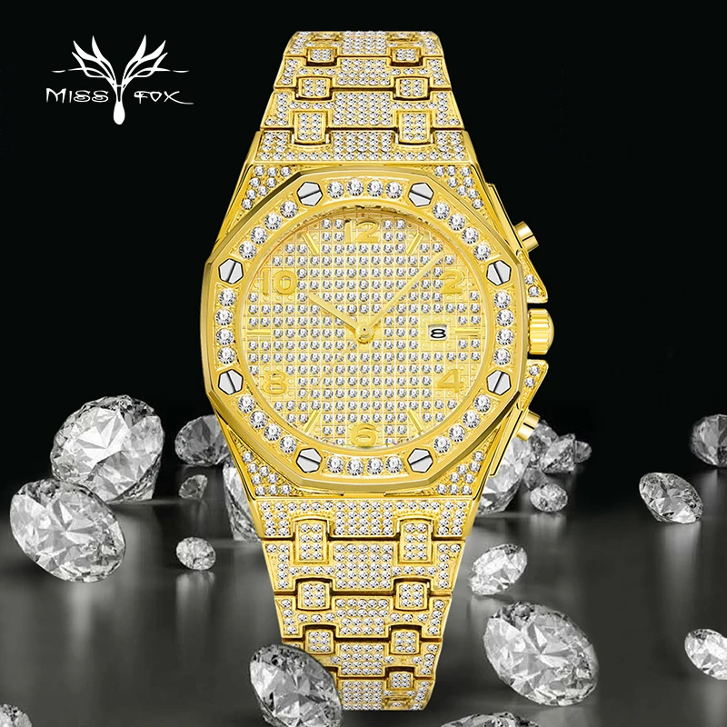 MISSFOX Men Watch Big Dial Gold Luxury bling Diamond Wristwatch Calendar Analog 3Atm Japan Movt Waterproof Watches Dropshipping | Наручные