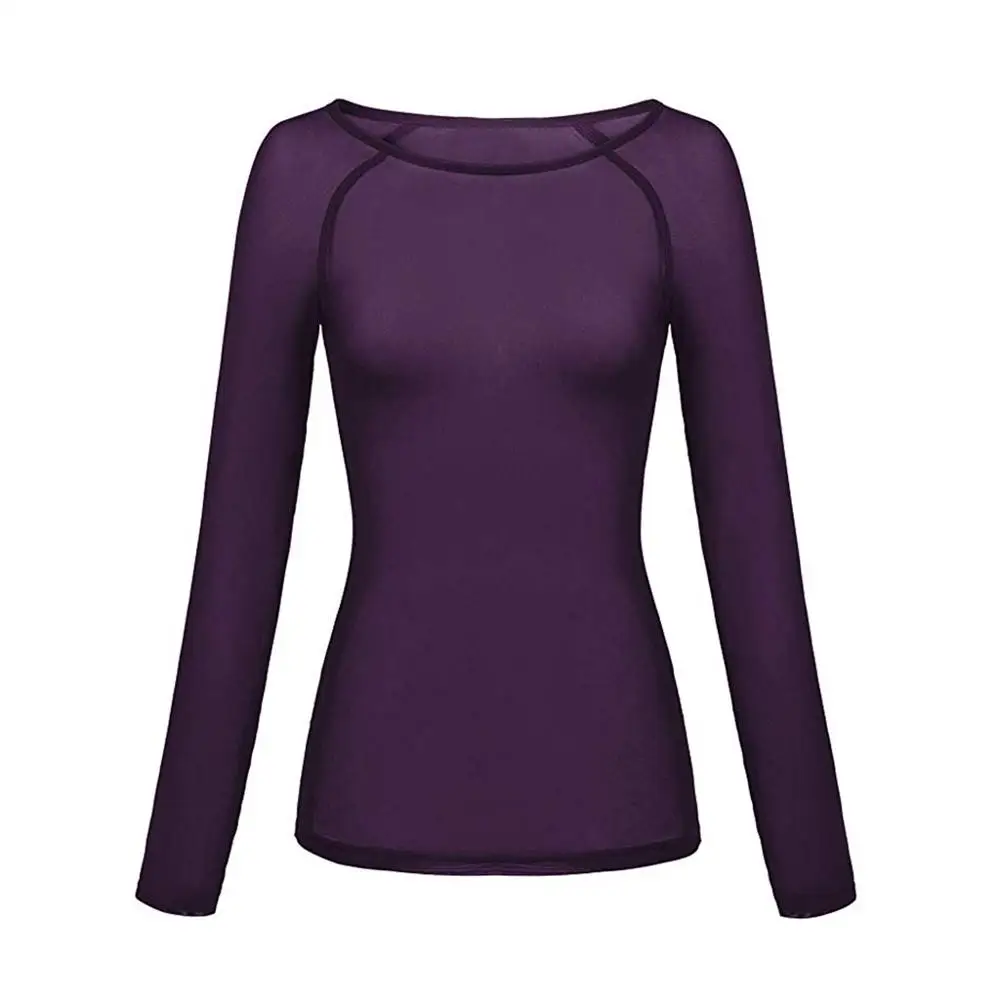 Женские футболки, прозрачный топ с длинным рукавом, сексуальные сетчатые рубашки, однотонная черная белая футболка, женская одежда, футболка Femme - Цвет: Purple
