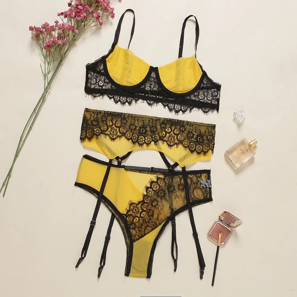 

3Pcs Set New Arrival Sexy Women's Lingerie Set Black Yellow Lace Mesh Embroidery Patchwork Night Club Bra set Panty with Garters