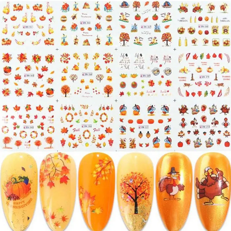 

1 Sheet Maple Leaf Nail Sticker Gold Leaf For Nails Autumn Nail Art Water Decals Set Foils Decor Designs