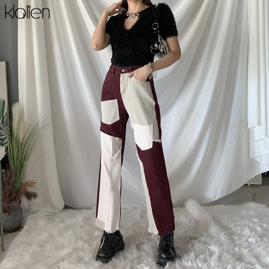KLALIEN Autumn Winter High Waist Loose Straight Pant Women Fashion Street Hip Hop Wide Leg Pants Patchwork Cotton Female Slacks