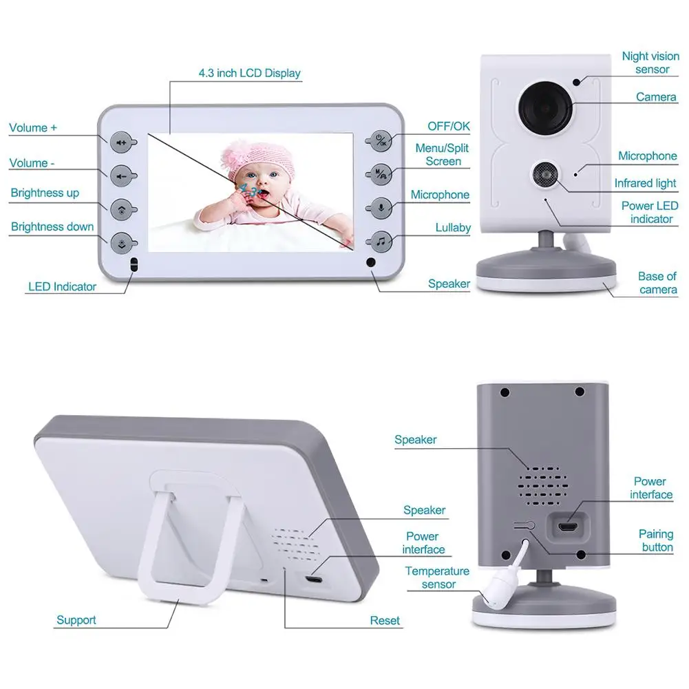 GloryStar 4,3 дюймов lcd беспроводные видео Детские спальные мониторы инфракрасного ночного видения контроль температуры