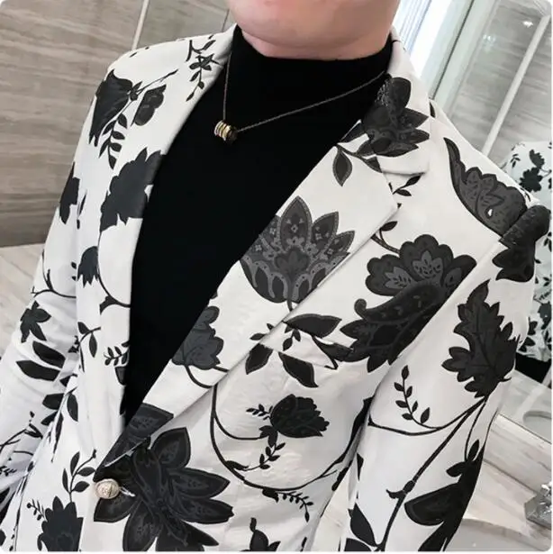 3XL подростковый мужской Костюмный пиджак белый и черный мужской цветочный пиджак тонкий дизайн Модный повседневный блейзер