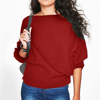 

Autumn Solid Color Fashion Loose Bat Sleeve Thread Knit Bottoming Shirt Female Wine Red 3XL