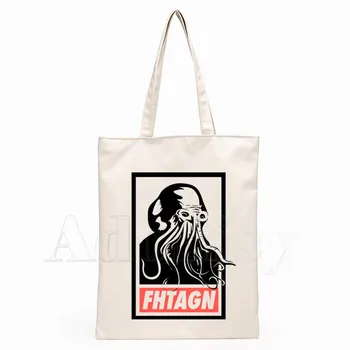 

Death Cthulhu Octopus Geek Heavy Metal Print Reusable Shopping Bag Women Canvas Tote Bags Eco Bag Cartoon Shopper Shoulder Bags