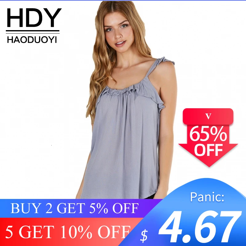 HDY Haoduoyi 2020 Fashion Sweet Ruffles Patchwork Women Tank Backless O-neck Brief Lady Tops Casual Purple Female Summer T-shirt | Женская