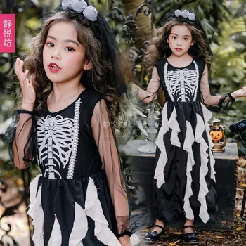 

Halloween Costume Skull Skeleton Demon Ghost Cosplay Costume Children Kid Carnival Masquerade Dress Robes Scary Kids Long Dress