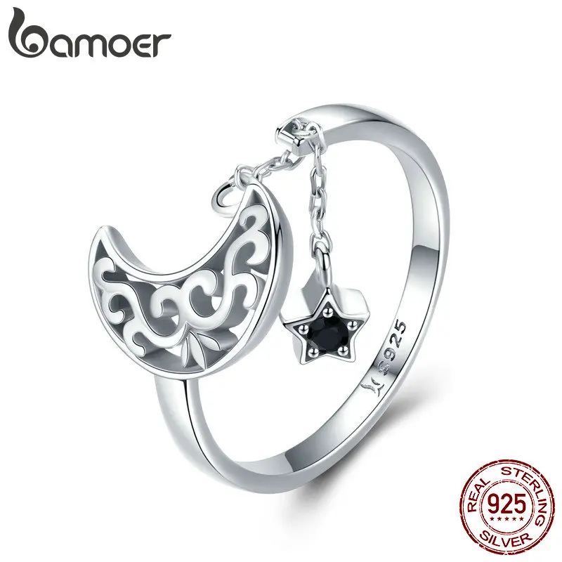 Finger Rings 925 Sterling Silver Moon And Star Long Chain Star Adjustable Finger Ring For Women