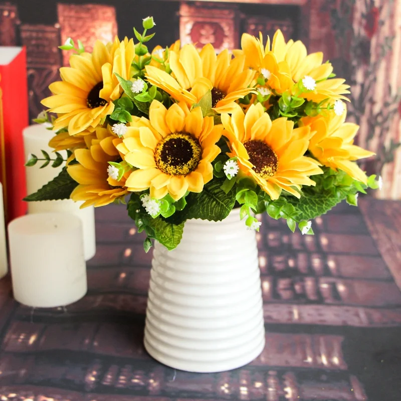 

7 Heads Silk Sunflower Artificial Flower Heads Wedding Fake Flowers Simulation Flower Home Party Wedding Sweet And Cute