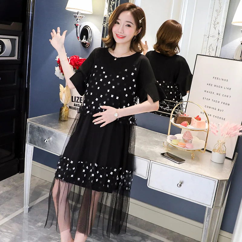 

Maternity Clothes 2019 Summer New Style Set Gauze Two-Piece Set Loose And Plus-sized Pregnant Women Strapped Dress