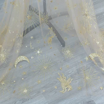 

Golden Seahorse Moon Hot Powder Sprinkling Gold Embroidered Tulle Fabric Wedding Dress Handmade DIY Fabric