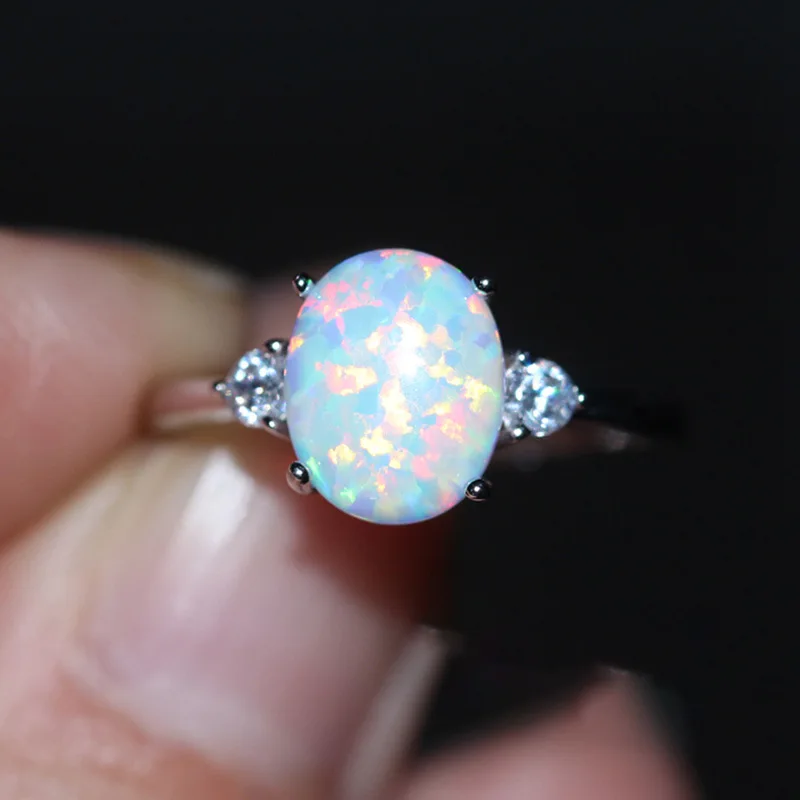 Silver Ring Women's Colorful Opel Pigeon Egg Shape Ring For Girlfriend Valentine's Day Gift Size 6-10