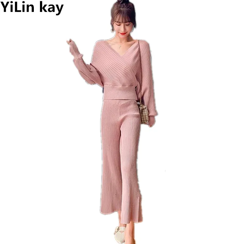

Autumn Graceful Women Loose Sweaters Pant Outfits Solid Batwing Sleeve Costumes Female Woman Knitted Sweater Top Pants 2PCS Sets