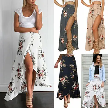 

New Summer Hot Women Stretch High Waist Floral Long Skirt Maxi Pleated Beach Casual Boho Polyester Floor-length Skirt