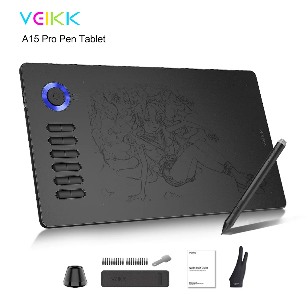 VEIKK A15 Pro цифровой планшет для рисования 10x6 дюймов графический планшет 12 клавиш и колесо прокрутки с перчаткой красный, синий, золотой, серый - Цвет: Синий