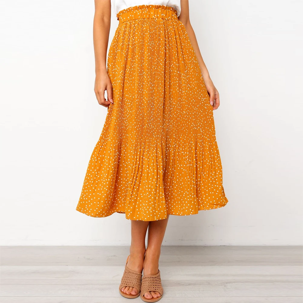 Цвет: желтый Midiskirt Цветочная Женская юбка вечерние пляжные женские праздничные Повседневные в горошек плиссированные летние качели пятнистая Мода - Цвет: Цвет: желтый