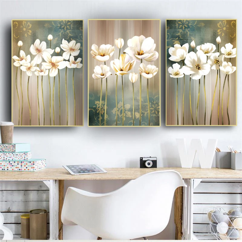 

3 Pieces Retro Nordic White Flowers Posters Pictures Canvas HD Printed Wall Art Home Decor Paintings for Living Room Decorations