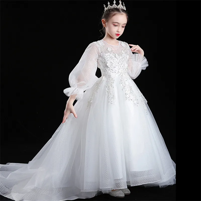 Новинка; роскошное элегантное платье принцессы с цветочным рисунком для девочек; Цвет белый; платье принцессы с длинным шлейфом; праздничная одежда для девочек на день рождения