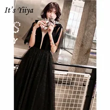It's Yiya вечернее платье, без рукавов, с бантом, со шнуровкой, черные платья с блестками, элегантные платья трапециевидной формы с v-образным вырезом, длиной до пола, E1294