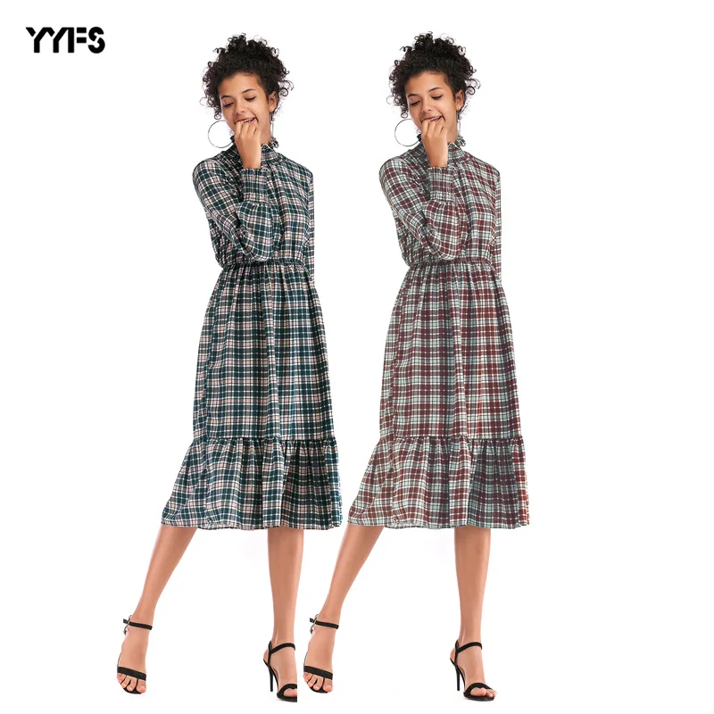 

2019 Amazon Autumn And Winter Hot Selling a Generation of Fat Europe And America WOMEN'S Dress High Collar Chiffon Dress Plaid S
