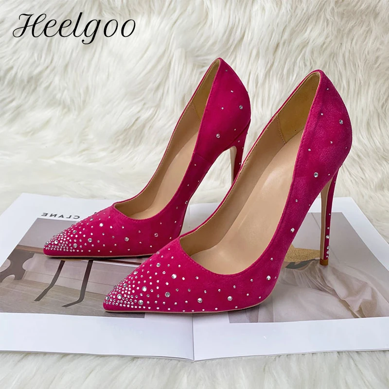 

Heelgoo Rhinestones Women Rose Pink Flock Pointy Toe High Heel Wedding Bridal Shoes 8cm 10cm 12cm Stiletto Pumps Plus Size 45 46