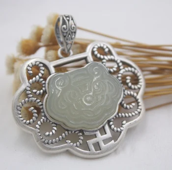 

Real S925 Silver&Hetian Jade Pendant For Women Baby Longevity Lock Pendant 37mmH Jewelry