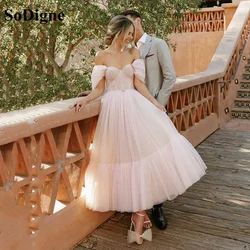 SoDigne Pink Dot Tulle Prom Dress 2021 Sweetheart Short Sleeves Evening Dresses Tea-Length A-Line Party Gowns For Women