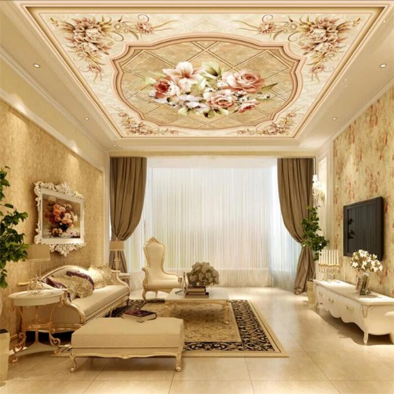 Customized European style garden flower ceiling mural living room bedroom  hotel decoration wallpaper anti mold papel de parede|Wallpapers| -  AliExpress