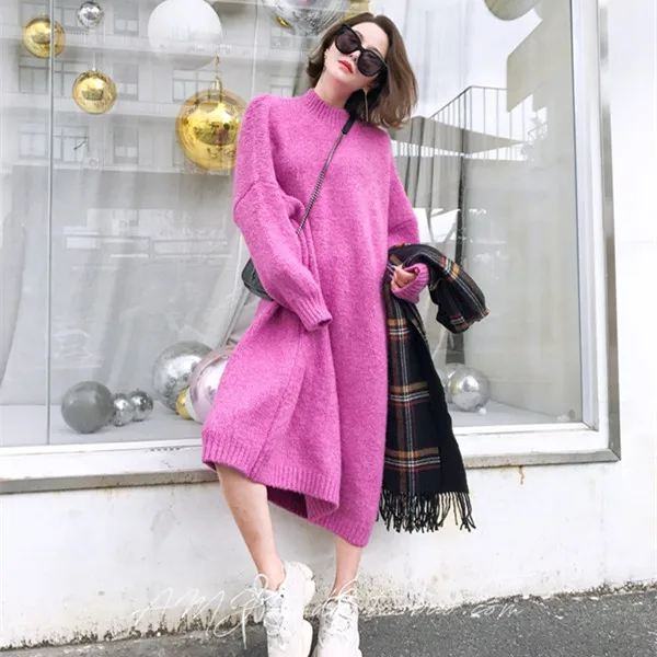 rose red RUGOD модное платье-свитер большого размера, женское корейское однотонное платье с круглым вырезом и рукавами летучая мышь, макси длинное трикотажное платье, повседневная верхняя одежда - Color: rose red