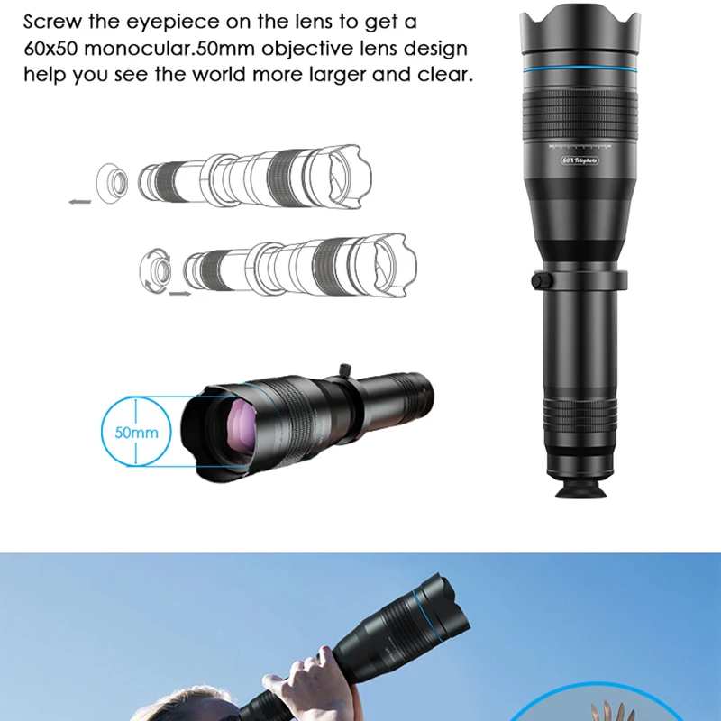 APEXEL Optional HD 60X Metal Telescope Telephoto