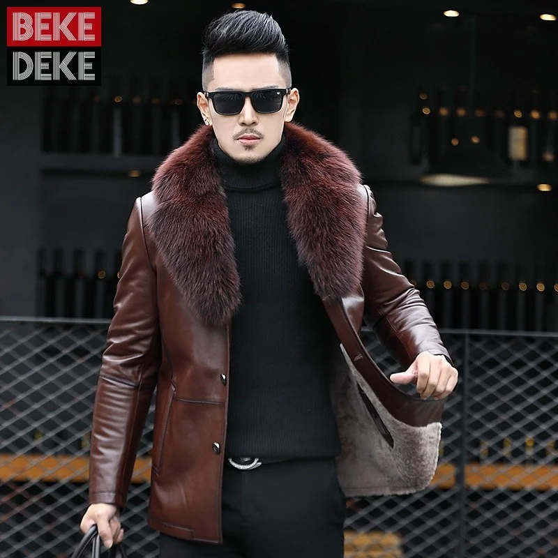 

Men Business Winter Fox Fur Collar Sheepskin Genuine Leather Jacket Warm Real Fur Wool Lining Overcoat Slim Fit Shearling Jacket