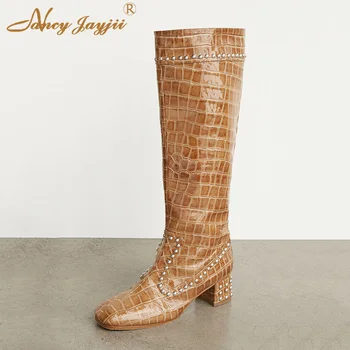 

Ginger Yellow Croc Studded Rivets Luxury Knee High Boots Winter Shoes For Womens Rounded Toe Mid Square Heel Size 41 42 Zipper