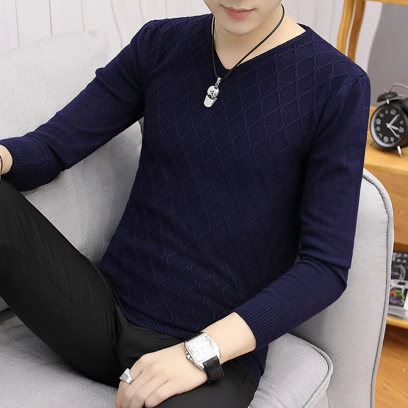 2019 spring and autumn uomo sweater Korean men's V-neck slim head long-sleeved Plaid thin section Chinese Style Beige Gray