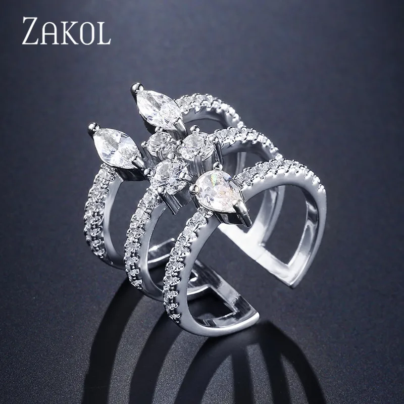 White Color ZAKOL, новое модное кольцо белого цвета, AAA, кубический циркон, камень, Открытое кольцо, широкие Полые ювелирные изделия для женщин, FSRP245 - Цвет основного камня: White Color