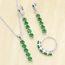 Геометрический Зеленый Кристалл 925 Серебряные Ювелирные наборы для женщин серьги кольца ожерелье Подарочная коробка для кулона