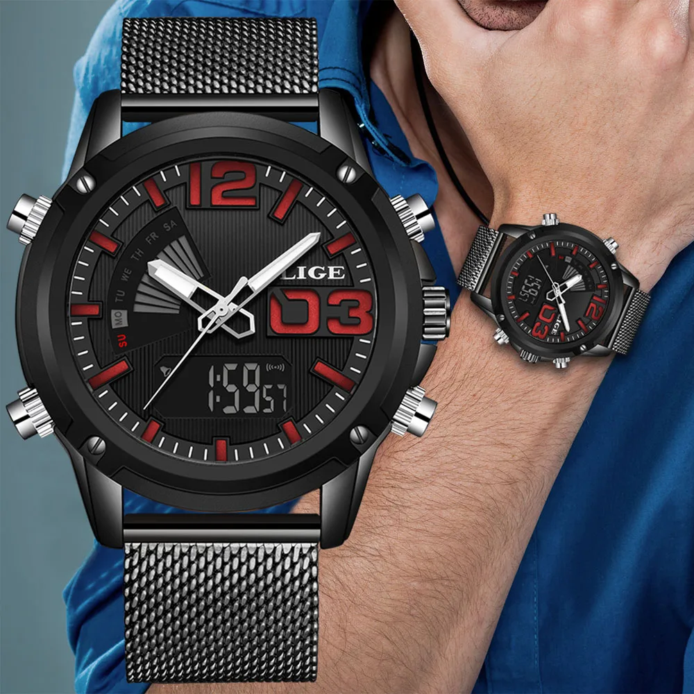 

Relogio Masculino LIGE New Men Watch Top Luxury Brand Military Sports Quartz Wrist Watches Men Stainless Steel LED Digital Clock