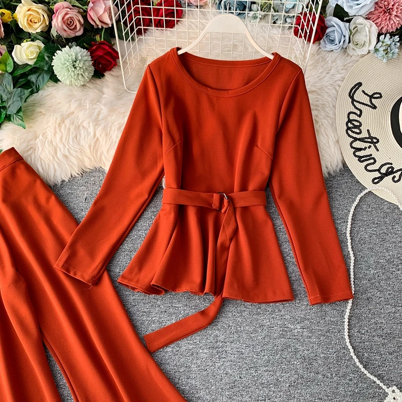 ALPHALMODA модный костюм с длинными рукавами пуловер пояс-кушак наряд+ расклешенные ноги дамы 2 шт брюки костюмы сплошной осенний комплект одежды
