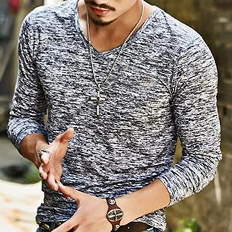 2021 Spring Men Long Sleeve T-shirt V Neck Black T Shirt Top Tee Male Streetwear Fitness Men's Long Sleeve T-shirt Dropshipping