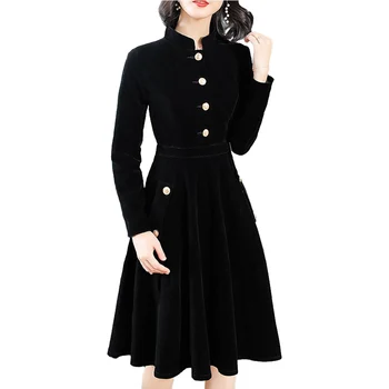 

2019 Fashion spring autumn velvet dress women Long sleeve single-breasted black dresses female zipper slim A-line dresses A2951