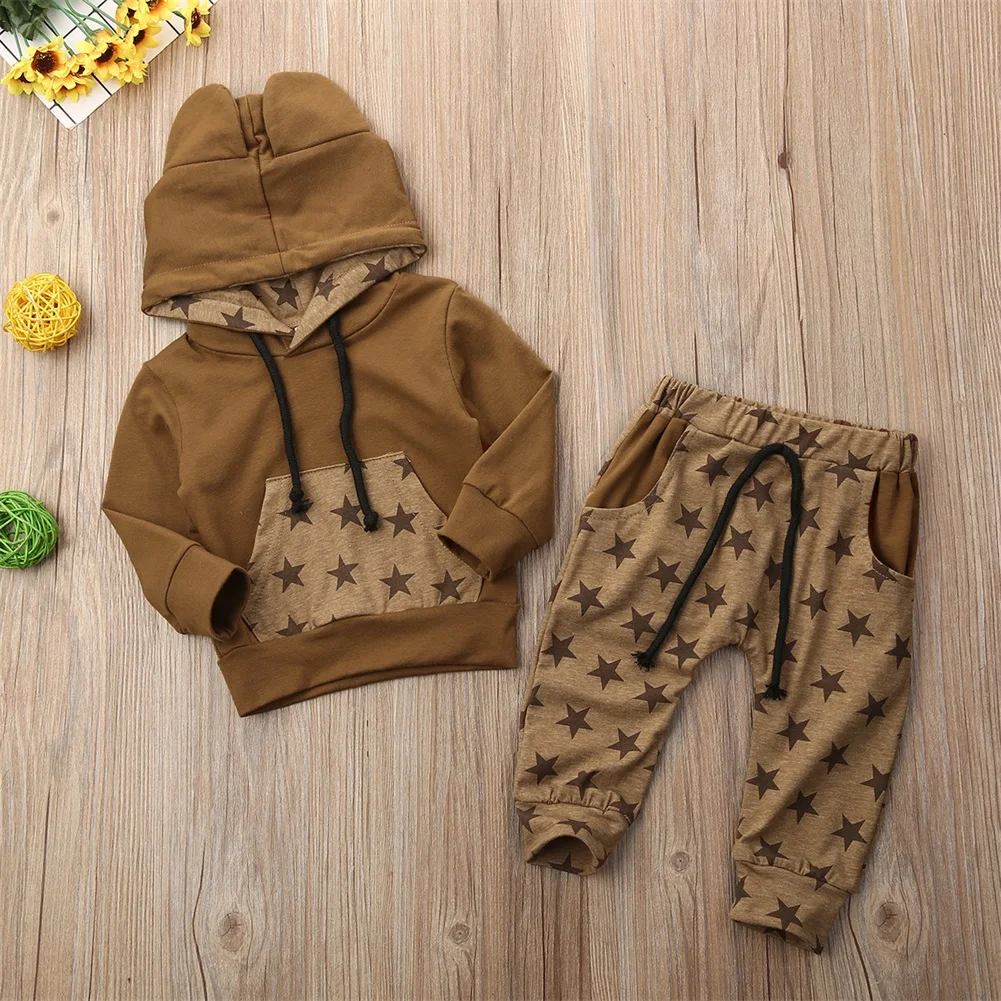 Pudcoco/милые 3D наряды с медведем для новорожденных, детские теплые толстовки с капюшоном для маленьких мальчиков, свитер топы со звездами, штаны, комплект одежды