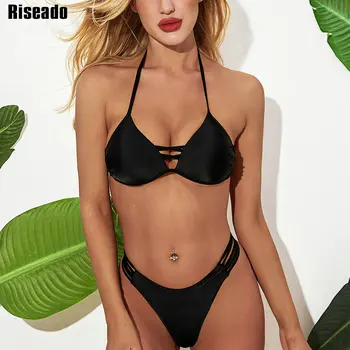 

Riseado Halter Brazilian Bikini 2020 Solid Swimsuit Women Push Up Swimwear Female High Leg Bikini Set Sexy String Swimming Suit