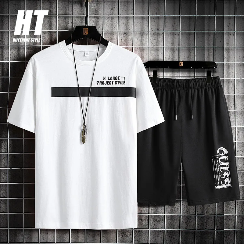 Conjunto informal de 2 piezas para hombre, chándal con estampado de letras, camiseta de manga corta a rayas y pantalones cortos, ropa deportiva para verano, 2021